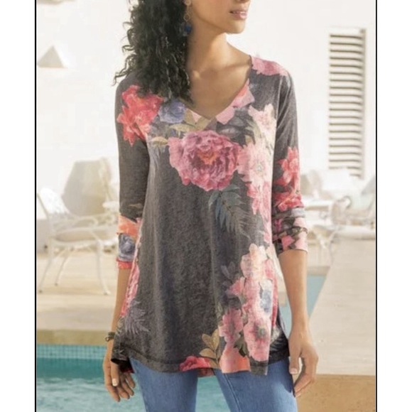 Soft Surroundings Tops - Soft Surroundings Floral Print Tunic Top Soft Knit V Neck Long Sleeve SZ L Gray
